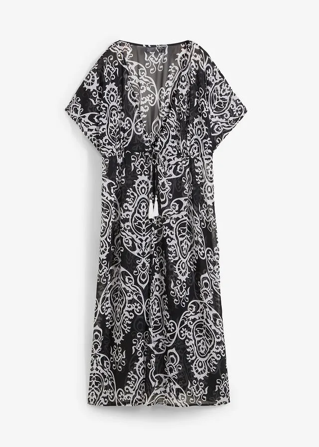 VESTIDO TIPO KIMONO DE GASA PARA LA PLAYA NEGROBLANCO