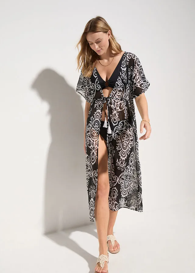 VESTIDO TIPO KIMONO DE GASA PARA LA PLAYA NEGROBLANCO