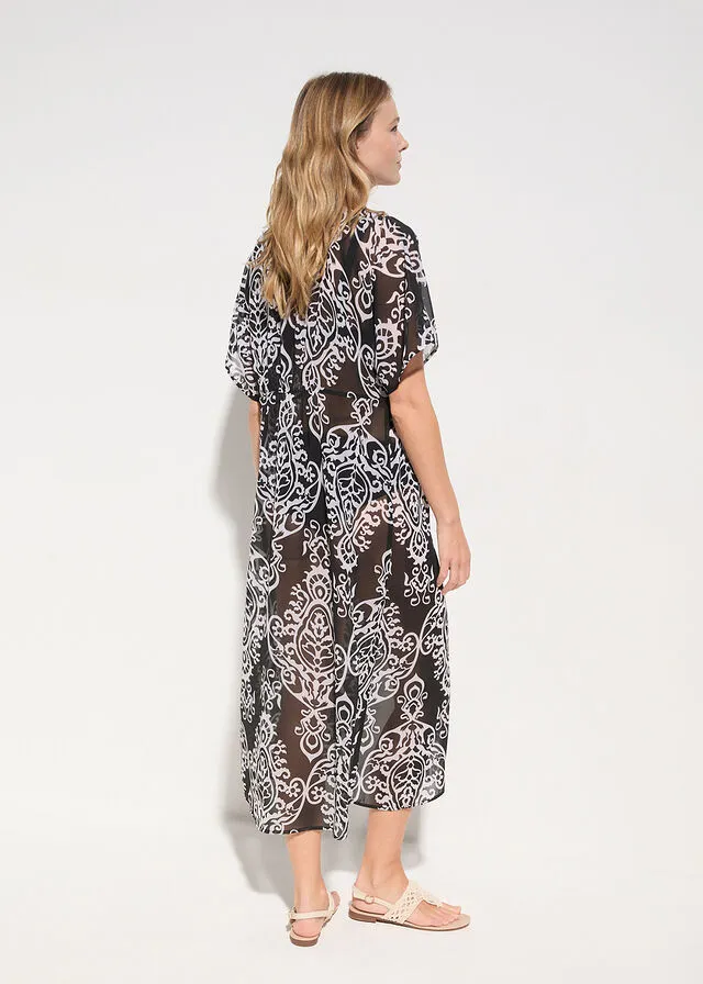 VESTIDO TIPO KIMONO DE GASA PARA LA PLAYA NEGROBLANCO