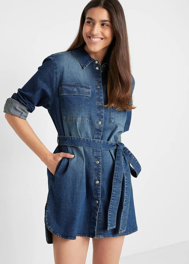 Vestido vaquero con cinturón Denim desgastado