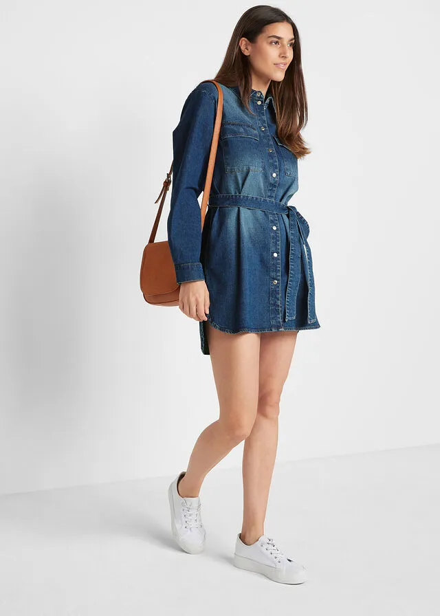 Vestido vaquero con cinturón Denim desgastado