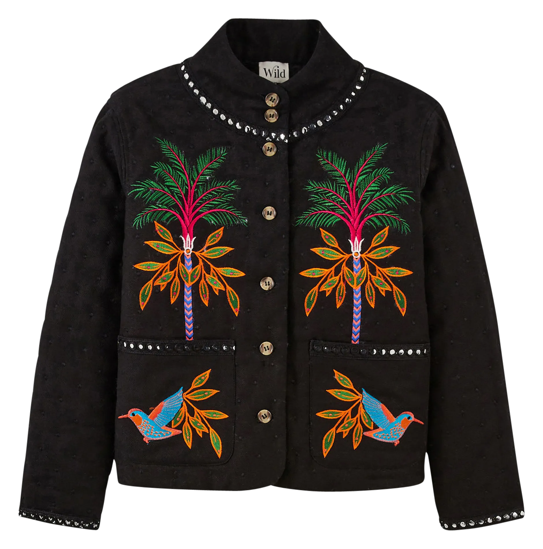 WILD GAIUS  CHAQUETA RECTA CON CUELLO ALTO BORDADO EN NEGRO